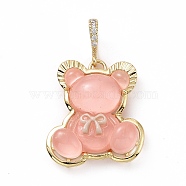 Translucent Resin Pendants, Bear with Bowknot Charm, with Brass Micro Pave Clear Cubic Zirconia, Cadmium Free & Lead Free, Real 18K Gold Plated, Light Coral, 28x25x8mm, Hole: 4.5x7mm(KK-G406-50G-06)