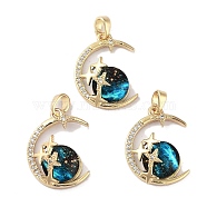 Rack Plating Brass Pave Clear Cubic Zirconia Pendants, Moon with Star Charms with Epoxy Resin, Real 18K Gold Plated, Long-Lasting Plated, Cadmium Free & Lead Free, Cyan, 21.5x16.5x8mm, Hole: 3x4.5mm(X-KK-G482-06G)