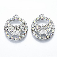 UV Plated Alloy Pendants, with Crystal AB Rhinestone, Flat Round with Butterfly, Cadmium Free & Lead Free, Platinum, 22.5x19x3mm, Hole: 1.6mm(PALLOY-S181-029P-A-RS)