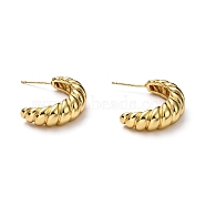 Brass Half Hoop Earrings, Stud Earrings, Textured, Double Horn/Crescent Moon, Real 18K Gold Plated, 24.5x17x8mm, Pin: 0.8mm(EJEW-H121-01A)