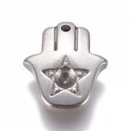 304 Stainless Steel Pendants Rhinestone Setting, Religion, Hamsa Hand/Hand of Fatima/Hand of Miriam with Star, Stainless Steel Color, Fit For 3mm Rhinestone, 16x13.5x3.8mm, Hole: 1.4mm(STAS-E474-46)