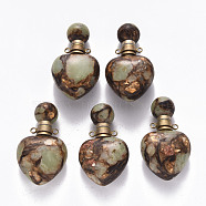Heart Assembled Synthetic Bronzite and Aqua Terra Jasper Openable Perfume Bottle Pendants, with Brass Findings, Dyed, Golden, Capacity: 1ml(0.03 fl. oz), 37.5~38.5x22x13mm, Hole: 1.8mm(G-R484-01A)
