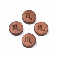 Laser Engraved Wood Beads, Flat Round with 12 Constellations, Dyed, Camel, Scorpio, 12x4mm, Hole: 1.6mm(WOOD-S053-53A)