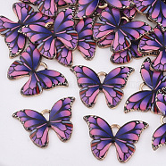 Printed Alloy Pendants, with Enamel, Butterfly, Light Gold, Fuchsia, 15.5x22x2mm, Hole: 1.8mm(PALLOY-R111-01C)