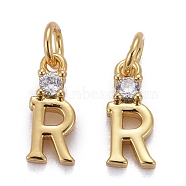 Brass Micro Pave Clear Cubic Zirconia Pendants, with Jump Rings, Real 18K Gold Plated, Long-Lasting Plated, Letter, Letter.R, 10x4x2mm(ZIRC-Z011-35R)
