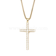 Brass Micro Pave Clear Zirconia Cross Pendant Necklaces, 201 Stainless Steel Chains Necklaces, Stainless Steel Color, 23.82 inch(60.5cm), Cross: 52x29mm(NJEW-M211-05F-G)