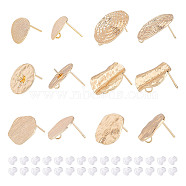 12Pcs 6 Style Brass Stud Earring Findings, with Vertical Loops and 30Pcs Plastic Ear Nuts, Polygon & Vortex & Rhombus & Flat Round, Real 18K Gold Plated, 12~22x12~19mm, Hole: 1.6~2.5mm, Pin: 0.5~1mm, 2Pcs/style(KK-AR0004-01)