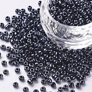 8/0 Glass Seed Beads, Metallic Colours, Black, 3mm, Hole: 1mm, about 2222pcs/100g(X1-SEED-A009-3mm-606)