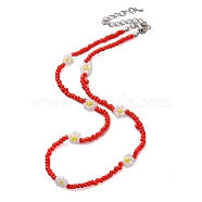 Glass Flower Beaded Necklace, Red, 15.91 inch(40.4cm)(NJEW-Z029-03B)