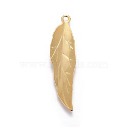 201 Stainless Steel Pendants, Leaf, Real 24k Gold Plated, 38x9.5x1.5mm, Hole: 1.8mm(STAS-L221-37G)