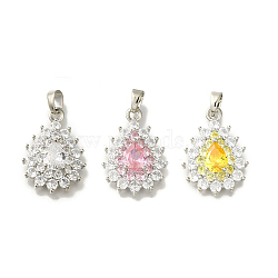 Rack Plating Brass Micro Pave Cubic Zirconia Pendant, Lead Free & Cadmium Free, Long-Lasting Plated, Teardrop, Platinumn, Mixed Color, 25x17x5mm, Hole: 4x3mm(KK-H485-39P)