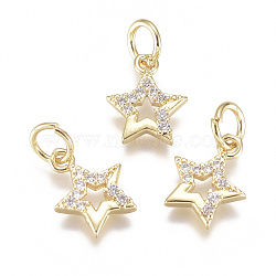 Brass Micro Pave Cubic Zirconia Charms, with Jump Ring, Long-Lasting Plated, Star, Clear, Real 18K Gold Plated, 11x8x2mm, Hole: 3mm(X-ZIRC-F111-15G)