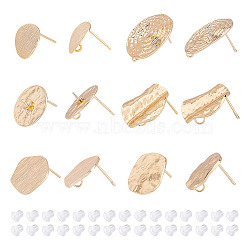 12Pcs 6 Style Brass Stud Earring Findings, with Vertical Loops and 30Pcs Plastic Ear Nuts, Polygon & Vortex & Rhombus & Flat Round, Real 18K Gold Plated, 12~22x12~19mm, Hole: 1.6~2.5mm, Pin: 0.5~1mm, 2Pcs/style(KK-AR0004-01)