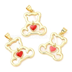 Rack Plating Brass Enamel Pendants with Shell, Bear Charms with Heart, Long-Lasting Plated, Lead Free & Cadmium Free, Real 18K Gold Plated, 23x20x3mm, Hole: 4x3.5mm(KK-A185-19G)