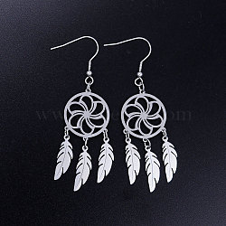 201 Stainless Steel Chandelier Earrings, Woven Net/Web with Feather, Stainless Steel Color, 70x20mm; Pin: 0.7mm(STAS-S105-JN357-1)