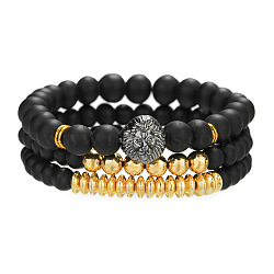 Fashionable retro black matte bracelet set with crown, zircon lion head.(BO9372-1)