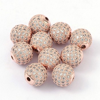 Brass Cubic Zirconia Beads, Round, Rose Gold, 10mm, Hole: 2mm