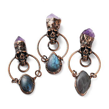 Natural Amethyst & Labradorite Big Pendants, Red Copper Tone Brass Skull Charms with Jump Rings, Mixed Shapes, 79~92x41x12mm, Hole: 6mm