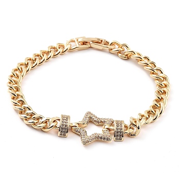 Cubic Zirconia Link Bracelet with Golden Brass Curb Chains, Long-Lasting Plated, Star, 7-7/8 inch(20cm)