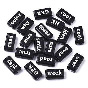 Opaque Acrylic Beads, with Enamel, Rectangle with Inspirational Words, White, Black, 15x7.5x5mm, Hole: 3mm, about 1184pc/500g