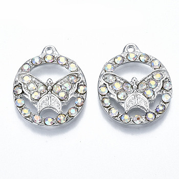 UV Plated Alloy Pendants, with Crystal AB Rhinestone, Flat Round with Butterfly, Cadmium Free & Lead Free, Platinum, 22.5x19x3mm, Hole: 1.6mm