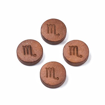Laser Engraved Wood Beads, Flat Round with 12 Constellations, Dyed, Camel, Scorpio, 12x4mm, Hole: 1.6mm