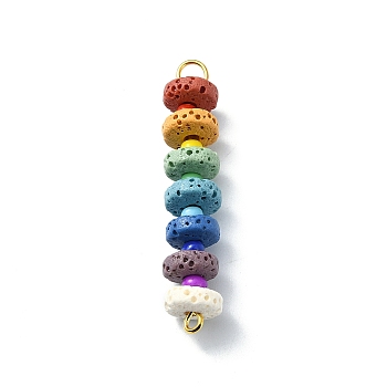 10Pcs Colorful Dyed Natural Lava Rock & Glass Seeded Connector Charms, Chakra Disc Links with 304 Stainless Steel Loops, Golden, 42~43x8mm, Hole: 1.8~3mm