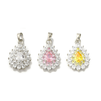 Rack Plating Brass Micro Pave Cubic Zirconia Pendant, Lead Free & Cadmium Free, Long-Lasting Plated, Teardrop, Platinumn, Mixed Color, 25x17x5mm, Hole: 4x3mm