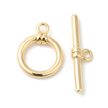 Brass Toggle Clasps, Round Ring, Real 18K Gold Plated, Ring: 14x18x3mm, Hole: 1.5mm, Bar: 25.5x7x3.5mm, Hole: 1.4mm