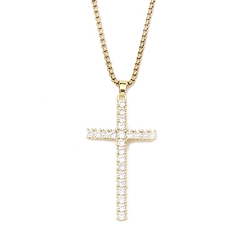 Brass Micro Pave Clear Zirconia Cross Pendant Necklaces, 201 Stainless Steel Chains Necklaces, Stainless Steel Color, 23.82 inch(60.5cm), Cross: 52x29mm