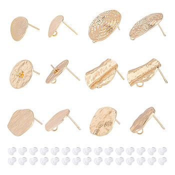 12Pcs 6 Style Brass Stud Earring Findings, with Vertical Loops and 30Pcs Plastic Ear Nuts, Polygon & Vortex & Rhombus & Flat Round, Real 18K Gold Plated, 12~22x12~19mm, Hole: 1.6~2.5mm, Pin: 0.5~1mm, 2Pcs/style