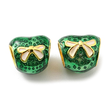 Christmas Brass Enamel European Beads, Large Hole Beads, Lead Free & Cadmium Free, Bowknot Pattern, Real 18K Gold Plated, Green, 8.5x9x9mm, Hole: 4mm