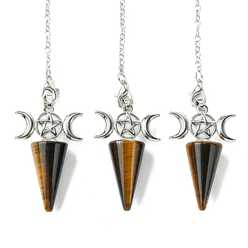 Natural Tiger Eye Cone Dowsing Pendulum Big Pendants, with Triple Moon Rack Plating Platinum Plated Brass Findings, Cadmium Free & Lead Free, 220~230mm, Hole: 1.5~2mm