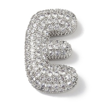 Rack Plating Brass Micro Pave Clear Cubic Zirconia Pendants, Long-Lasting Plated, Platium, Letter E, 30x18.5x6.5mm, Hole: 4x2.5mm