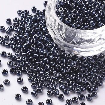 8/0 Glass Seed Beads, Metallic Colours, Black, 3mm, Hole: 1mm, about 2222pcs/100g