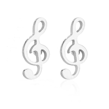 304 Stainless Steel Music Note Studs Earrings with 316 Stainless Steel Pins for Women, Stainless Steel Color, 9x4mm