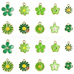 60Pcs 10 Styles Golden Tone Alloy Enamel Pendants, Flower Charm, Green, 13~20.5x11.5~17.5x1~3mm, Hole: 1.4~2mm, 6pcs/style(FIND-CJ0003-48)