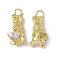 Rack Plating Brass Cubic Zirconia Pendants, with Jump Ring, Real 18K Gold Plated, Long-Lasting Plated, Cadmium Free & Nickel Free & Lead Free, Rabbit with Heart Charm, Clear, 16.5x8.5x5mm, Jump Ring: 5x0.9mm, Inner Diameter: 3.2mm(KK-C007-20G)