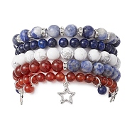 5Pcs 5 Style Natural Mixed Gemstone Round Beaded Stretch Bracelets Set, Stackable Bracelets with Star Alloy Charms, Inner Diameter: 2-1/8~2-1/2 inch(5.5~6.5cm), 1Pc/style(BJEW-TA00435)