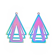 304 Stainless Steel Pendants, Etched Metal Embellishments, Triangle Charm, Rainbow Color, 42.5x27x0.3mm, Hole: 1.6mm(STAS-B038-04MC)