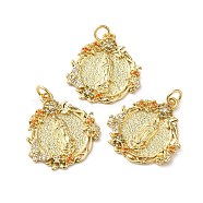 Rack Plating Brass Pave Cubic Zirconia Pendants, with Jump Ring, Lead Free & Cadmium Free, Long-Lasting Plated, Wreath with Saint Pattern Charm, Real 18K Gold Plated, 23x21.5x3mm, Hole: 3.4mm(KK-O142-01G)