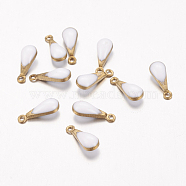 Antique Golden Plated Brass Enamel Teardrop Charms, Enamelled Sequins, White, 11x4x3mm, Hole: 1mm(X-KK-Q571-01B)