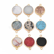 Natural Mixed Stone Connector Charms, with Light Gold Plated Brass Loops, Flat Round, 24~26x17x4~4.5mm, Hole: 1.6mm(G-N326-116)