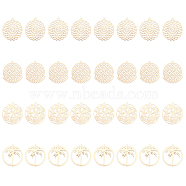 32Pcs 4 Styles Brass Pendants, Etched Metal Embellishments, Long-Lasting Plated, Flat Round with Leaf & Coconut Tree & Starfish/Sea Stars and Shell, Light Gold, 30~42.5x27~40x0.3mm, Hole: 1.2~1.8mm, 8pcs/style, 4styles, 32pcs(KKC-CA0001-08)