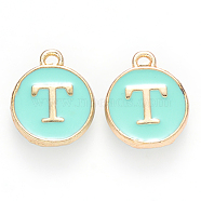 Golden Plated Alloy Enamel Charms, Cadmium Free & Lead Free, Enamelled Sequins, Flat Round with Letter, Turquoise, Letter.T, 14x12x2mm, Hole: 1.5mm(ENAM-S118-05T)