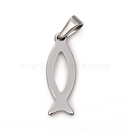 304 Stainless Steel Pendants, Jesus Fish/ Christian Ichthys Ichthus, for Easter, Stainless Steel Color, 26.5x9x1.5mm, Hole: 3x6mm(STAS-I136-26P)