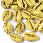 Spray Painted Natural Cowrie Shell Beads, Drawbench, No Hole/Undrilled, Yellow, 18~21x12~15x7mm(X-SSHEL-R047-03-A10)