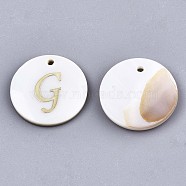 Natural Freshwater Shell Pendants, with Golden Plated Brass Etched Metal Embellishments, Flat Round with Letter, Letter.G, 15x2mm, Hole: 1.2mm(X-SHEL-N027-04G)
