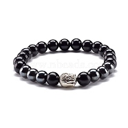 Natural Obsidian & Non-Magnetic Synthetic Hematite Round Beads Energy Stretch Bracelet for Men Women, Buddha Head Alloy Bracelet, Inner Diameter: 2-1/4 inch(5.6cm)(BJEW-JB06968-01)