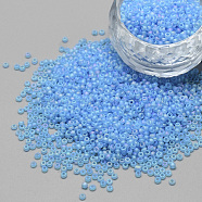 12/0 Grade A Round Glass Seed Beads, Transparent Frosted Style, AB Color Plated, Deep Sky Blue, 2x1.5mm, Hole: 0.8mm, about 30000pcs/bag(SEED-Q010-M546)
